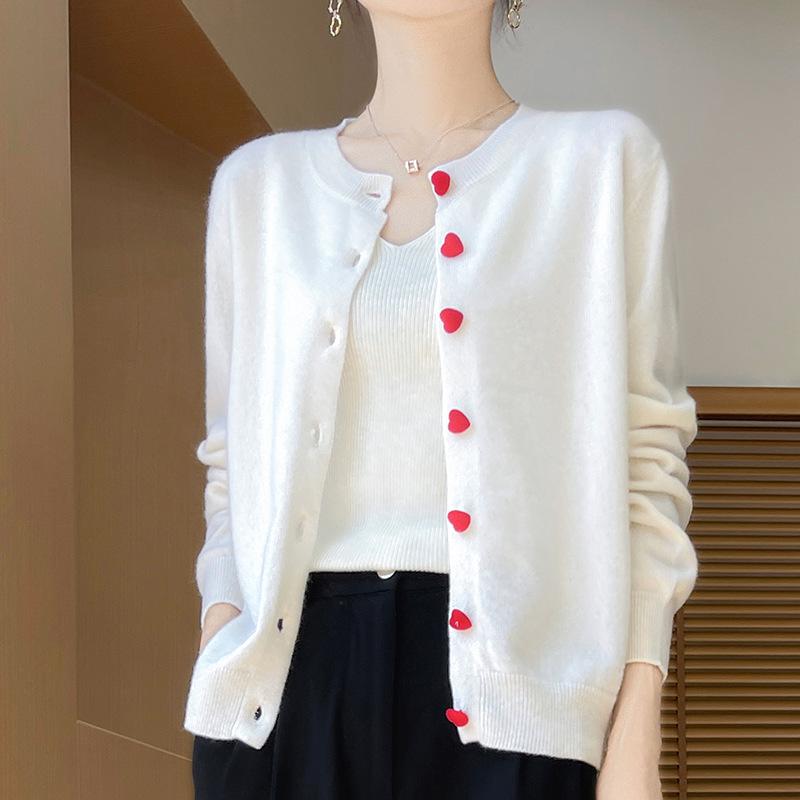 Women's 100% Wool Loose Knit Cardigan with Heart Buttons - Sweet Style Round Neck Sweater for Autumn/Winter