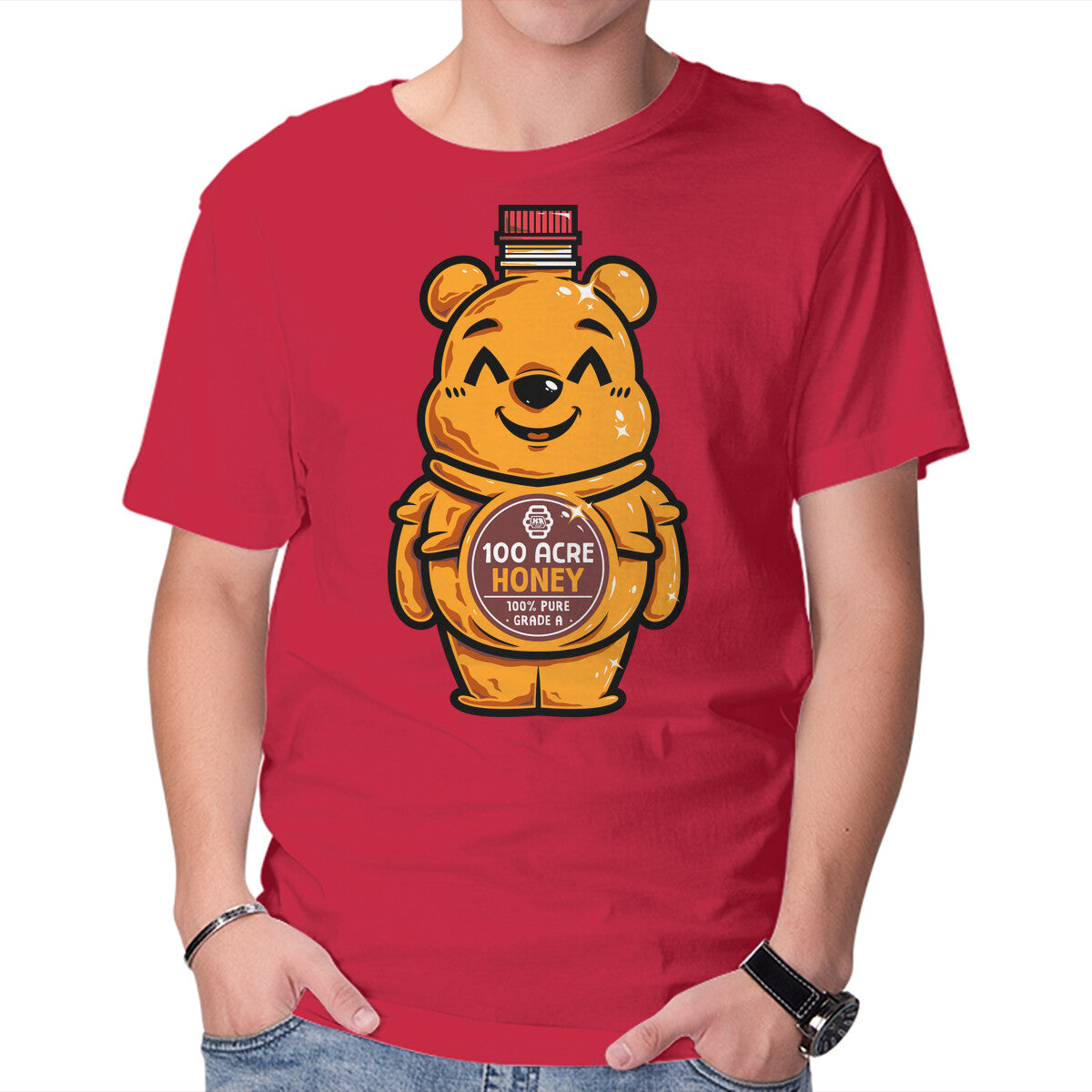 Unisex Crew Neck T-Shirt Bear Honey Bottle Graphic Short Sleeve Casual Tee S