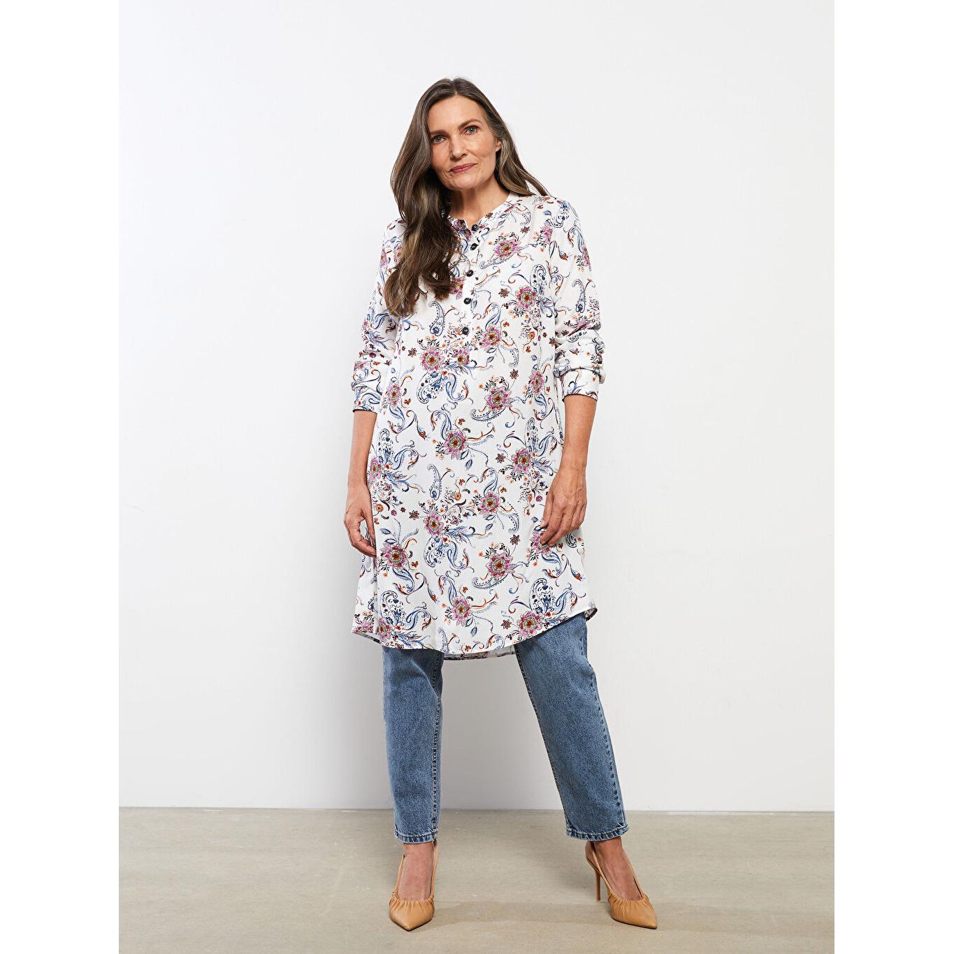 

LCW GRACE Женская туника из вискозы с круглым вырезом и цветочным принтом с длинными рукавами цвета экрю