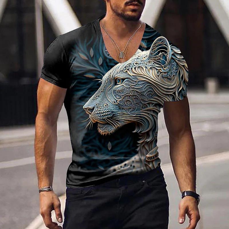 Oversized Animal T-shirt Unisex Black Tees Lion Print Shirts Pattern V-neck Tops Fashion Casual Short Sleeve Summer Unisex's Clothing