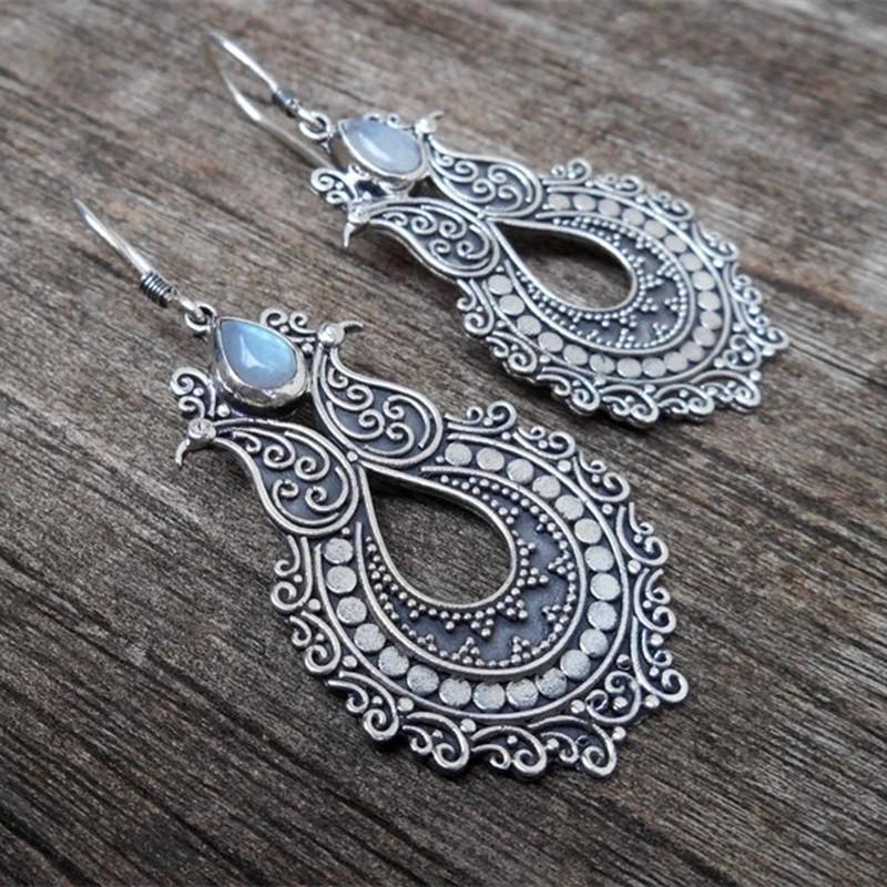 Vintage copper Color Metal Hand Carving Patterns Hook Earrings for Women Jewelry Water Droplet Inlaid Stone Dangle Earring