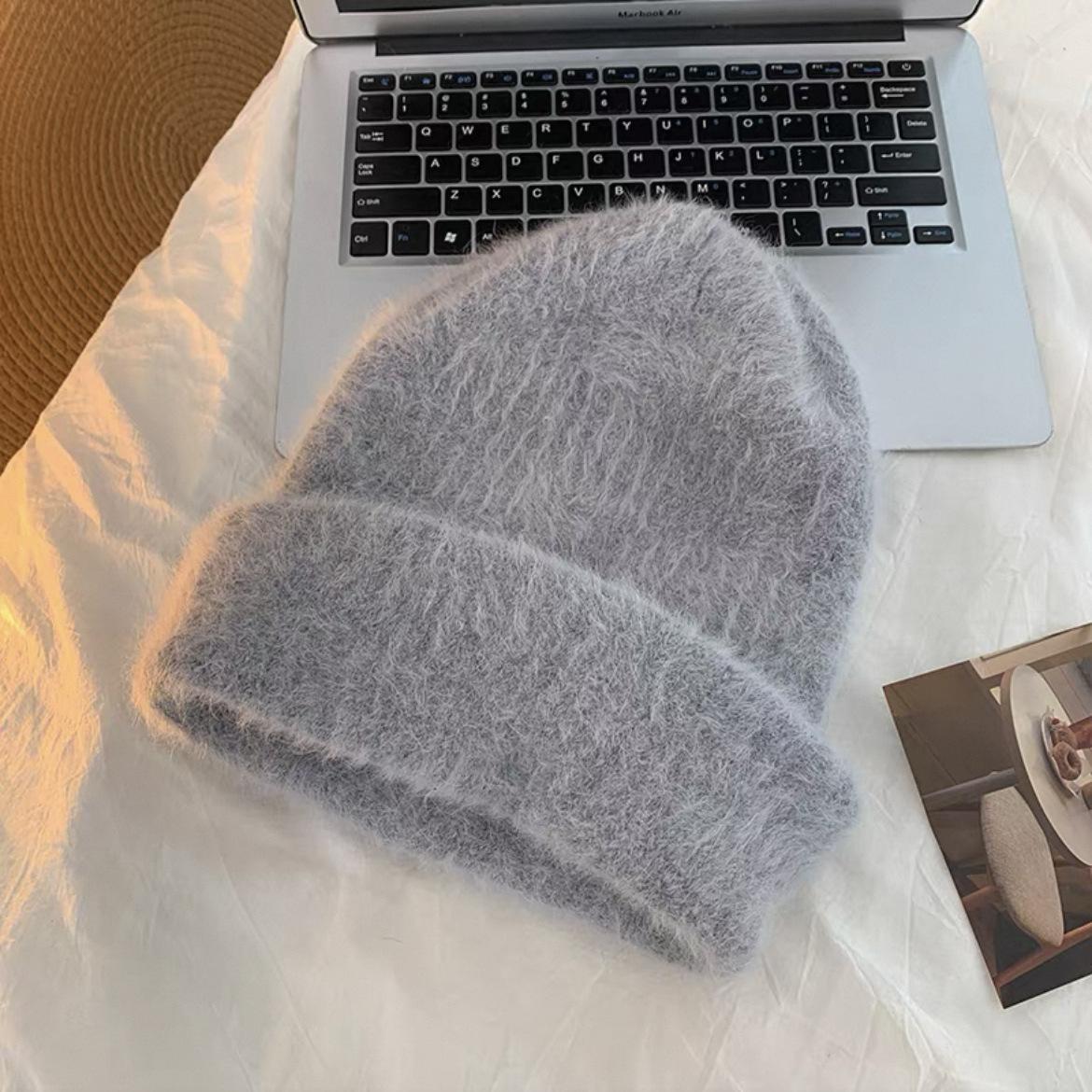 

Шапка из кроличьего меха женская зимняя теплая шерстяная шапка большой окружности головы белая плюшевая вязаная шапка осень-зима защита ушей холодная шапка M（56-60cm）