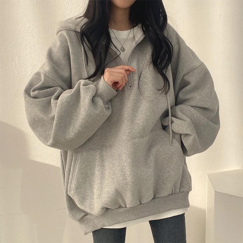 Damen Cardigan Hoodie Streetwear Grau Harajuku Oversized Oberteil Sweatshirt Damen Lässig Langarm Tasche Kapuzenmäntel