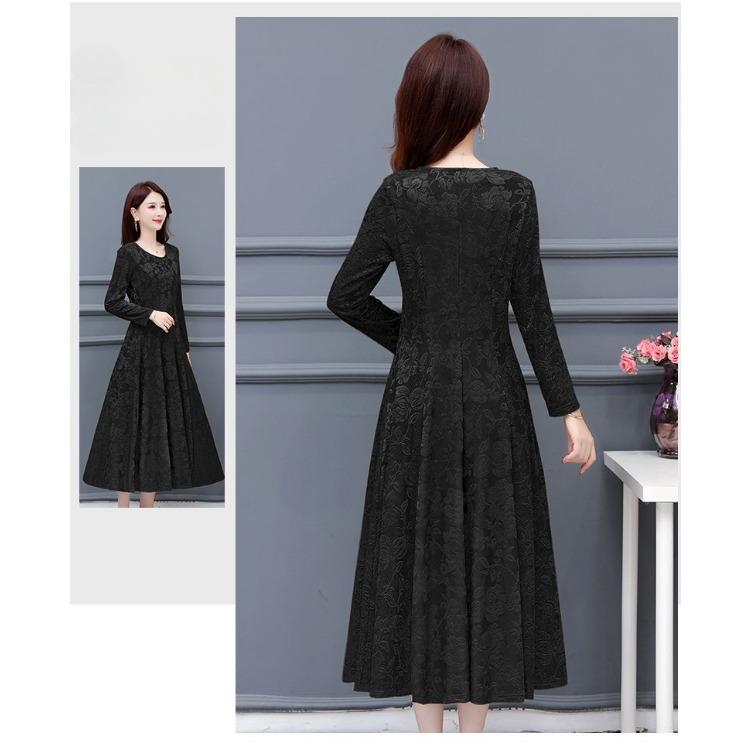 Abito Maxi Lussuoso Jacquard Floreale Girocollo Maniche Lunghe per Madri Elegante Abito da Ballo