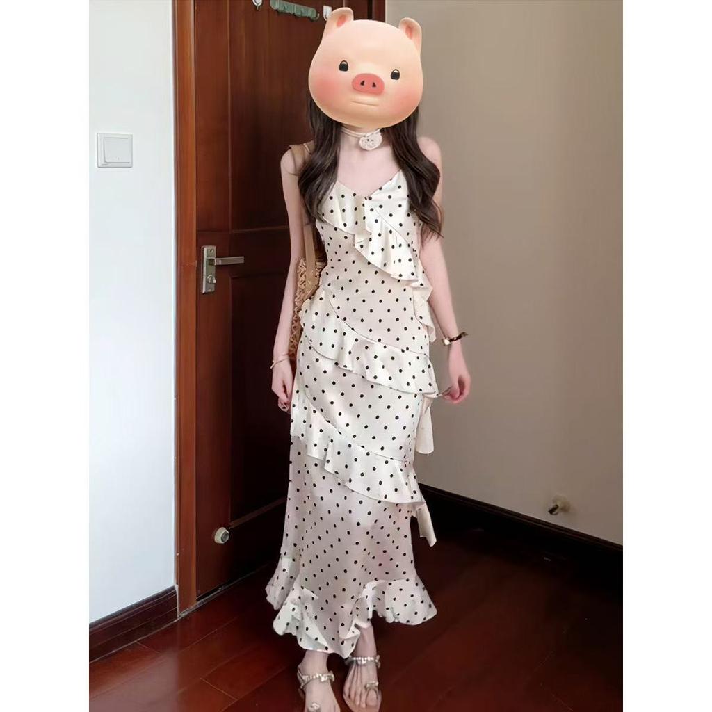 Pure Desire Style Spice Girl Polka Dot Temperament Suspender Dress Women's Summer Seaside Vacation Temperament Waist Ruffle Edge Long Dress