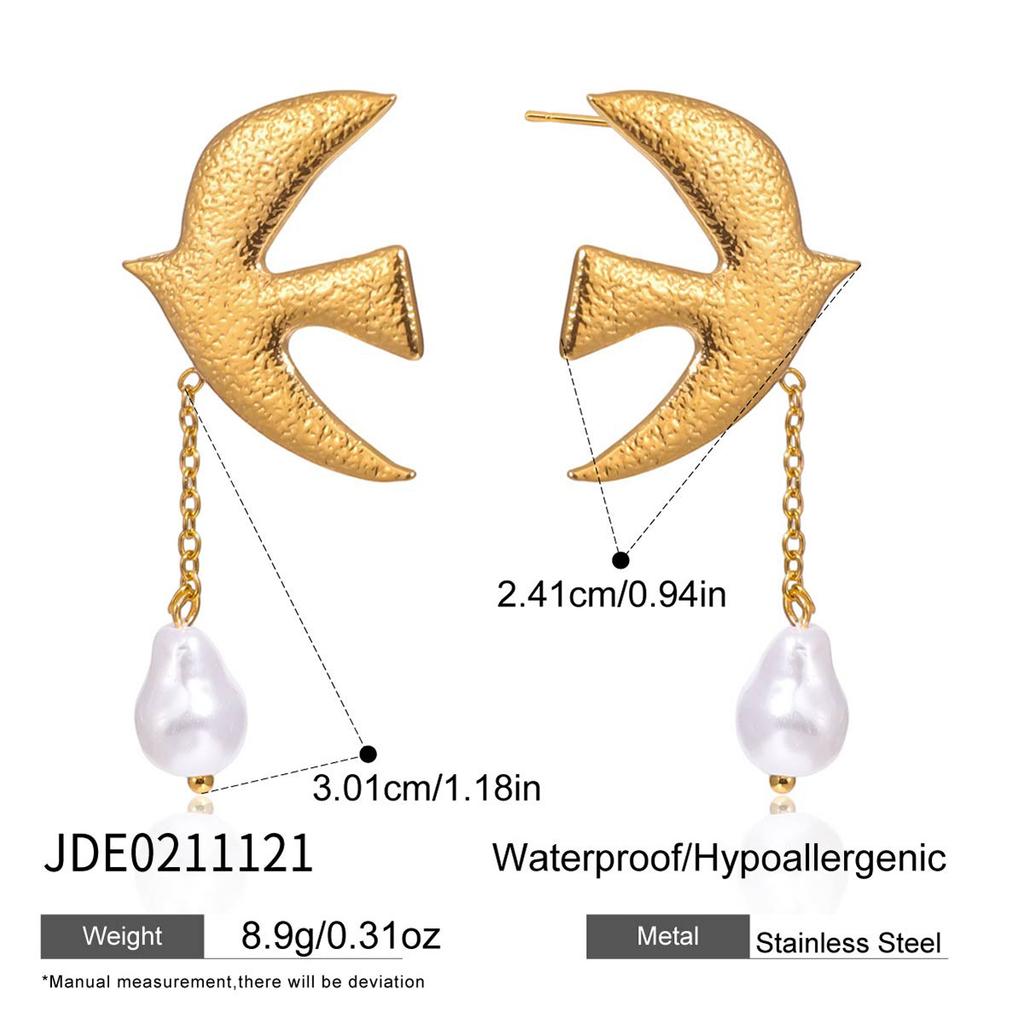 Wanxing European American-style Stainless Steel 18K Gold-plated Faux Pearl Bird Stud Earrings dove Motif Hammered Fashionable