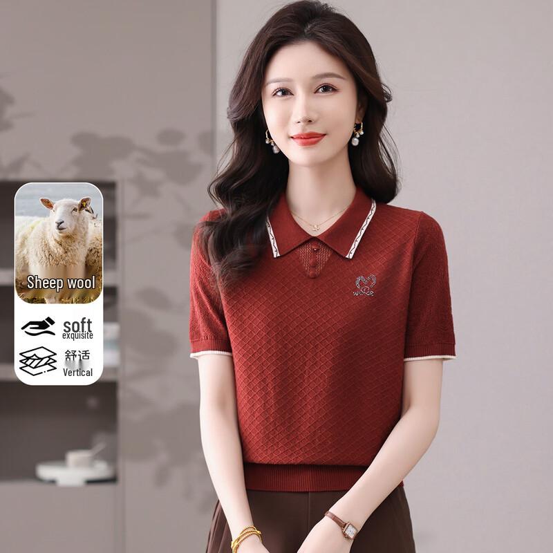 Snowflying Women s Soft Merino Wool Blend Color-block Lapel Short Sleeve Top L