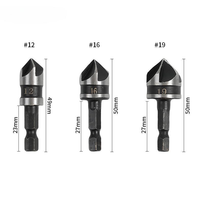 3PC Hexagonal Shank 90 Degree Black Five Blade Chamferer 12/16/19mm Countersink Drill Woodworking Hole Opener Tool Set