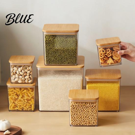 Clear Food Container with Wooden Storage Airtight Flour Sugar Large Square Plastic Jar Food-grade Silicone