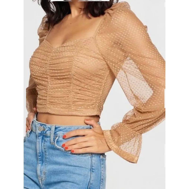 Foreign Trade Order Summer New Ins Comfortable Refreshing Stretch Mesh Delicate Horn Long sleeve Top Single Wear Chest Pad