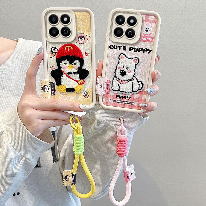 KEYSION Cartoon Cute Plush Embroidery Case for HONOR 200 Smart 5G with Lanyard Shockproof Phone Back Cover for Huawei Honor X7c
