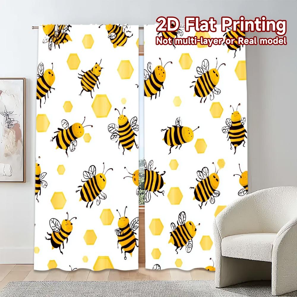Set aus 2 flachen Druckvorhängen ohne Stange Beepattern Schicke Vorhänge Vielseitig Langlebig Polyester Heimdekoration Vorhang