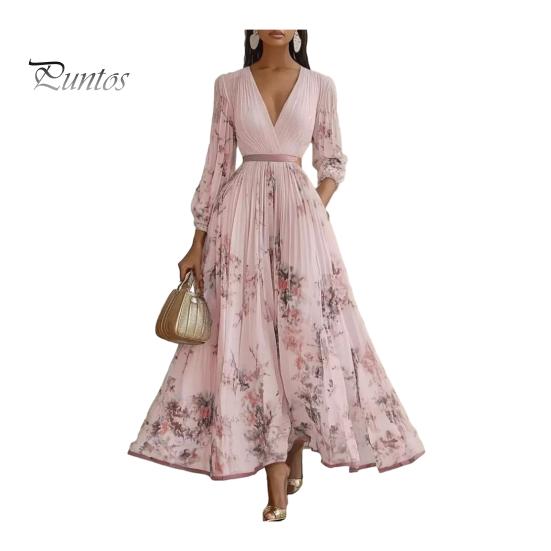 Романтичное Макси-платье Женское Цветочный Принт Плиссированный V-образный Вырез Длинное Легкое Женский Рукав Свадебный Гость Весна Легкое Вечеринка Коктейль Праздничный Ужин L розовый