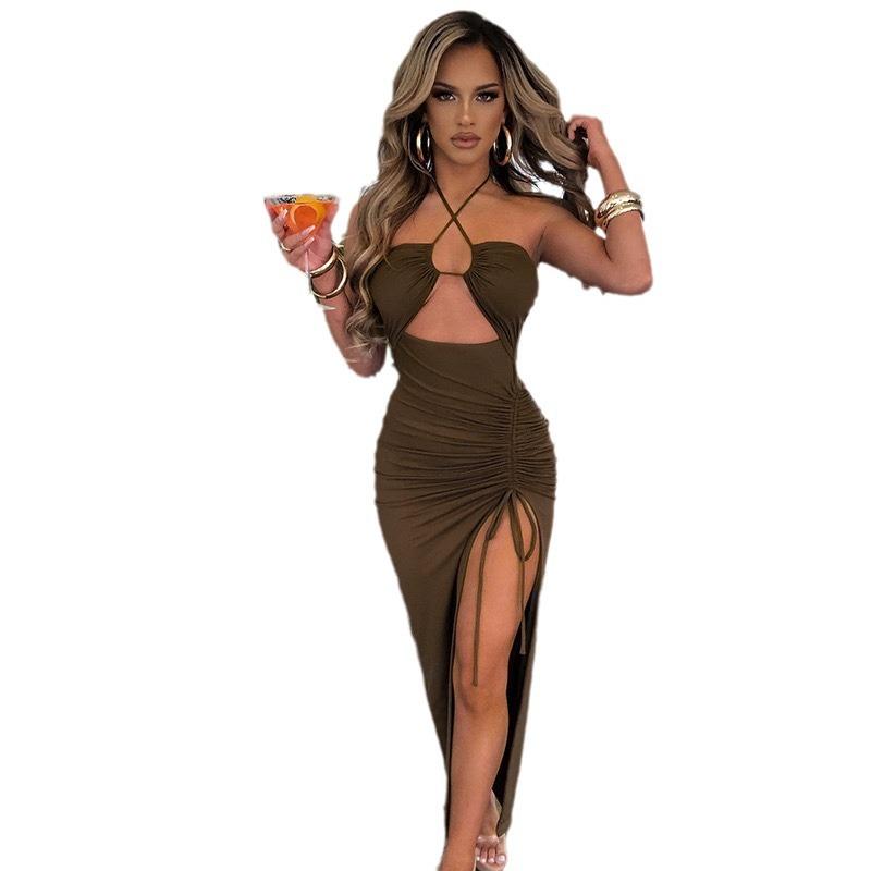 Summer Sexy Breast Hanging Neck Long Skirt Drawn Pleated High Slit Sexy Dress Woman