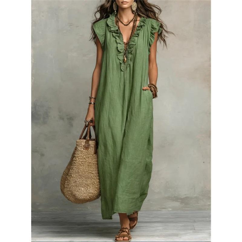 Women Ruffle V Neck Sleeveless Linen Maxi Dress Loose Casual Long Dress With Pockets Summer Beach Dress