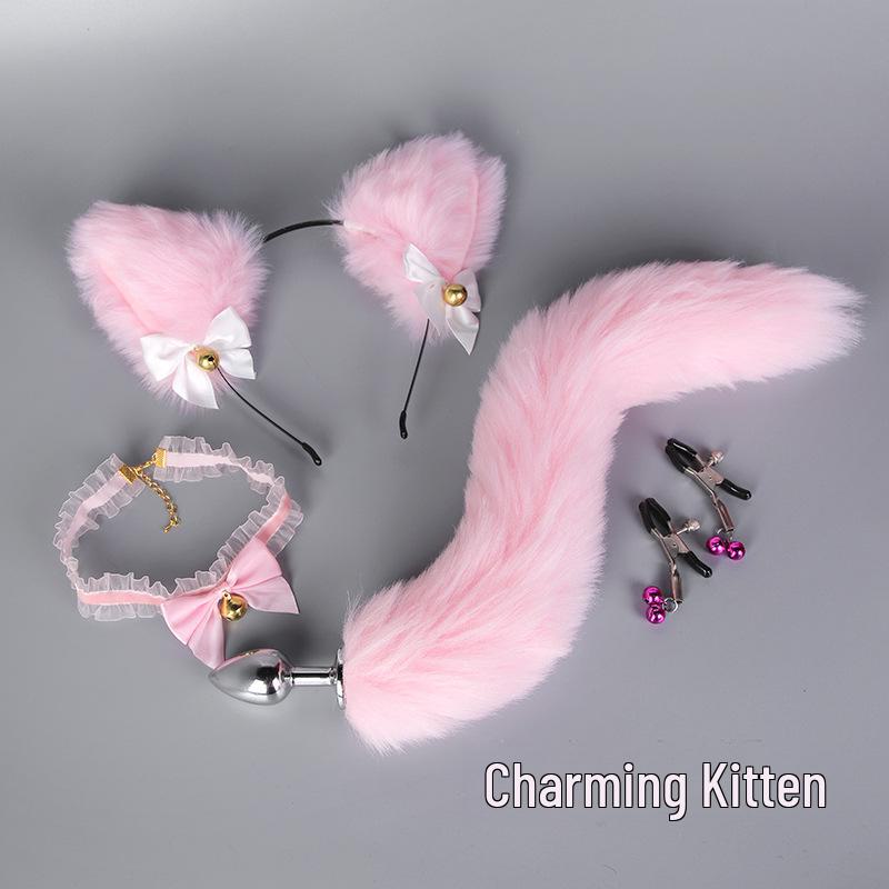 Bondage Katzenanzug mit Schwanz Analplug, Halsband & Knebel