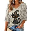 Women's Stylish V-Neck Three-Quarter Sleeve Casual Halloween Print Top