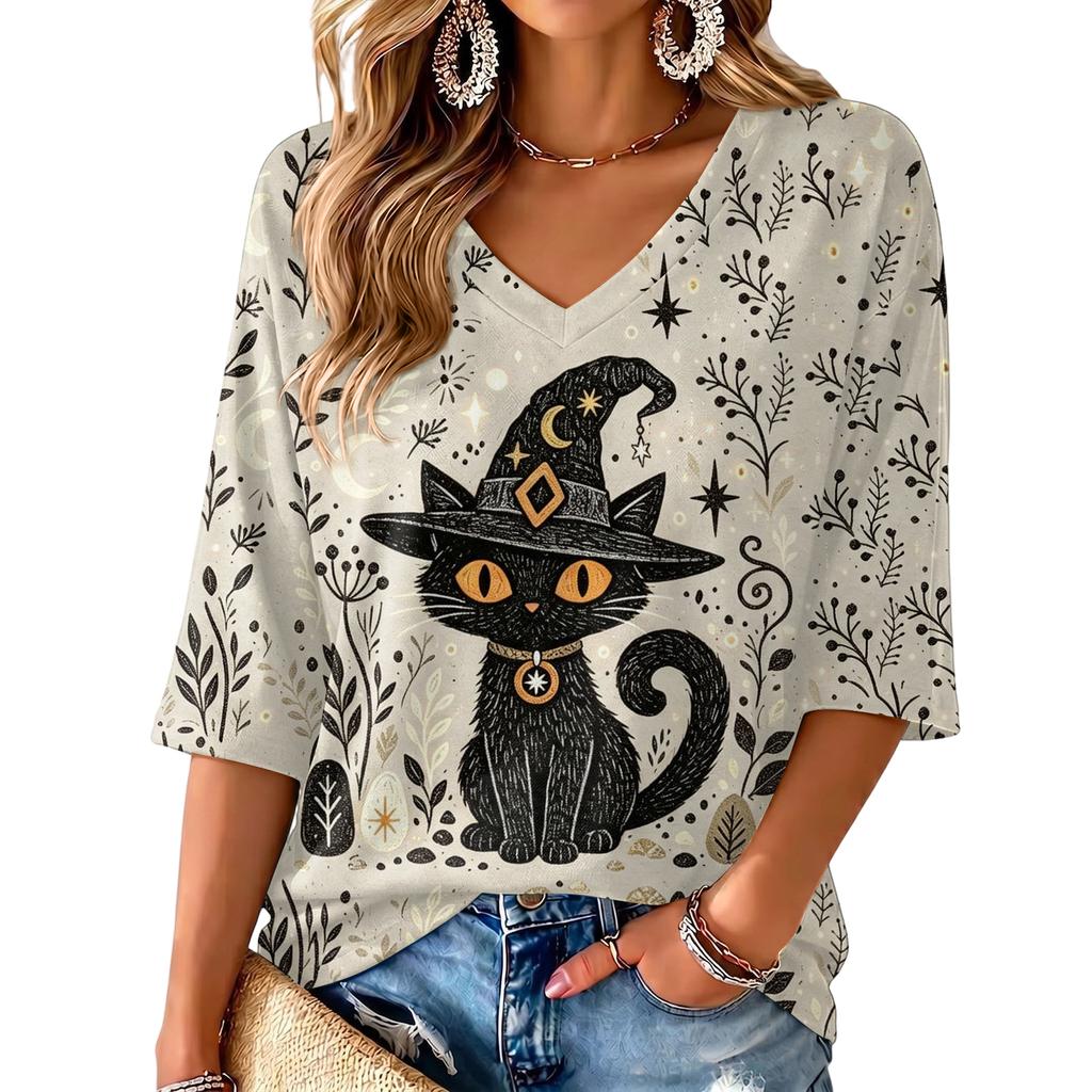 Women's Stylish V-Neck Three-Quarter Sleeve Casual Halloween Print Top