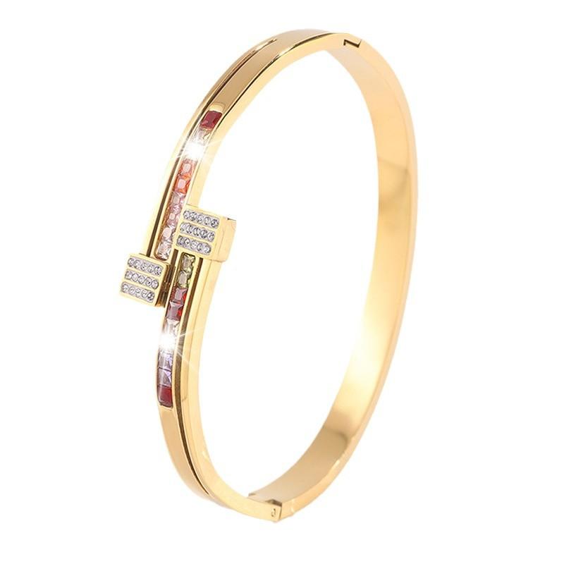 Titanium steel  square colored diamond inlaid women's light luxury high-end sense wagoff double head design sense  jewelry