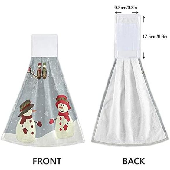 Winter Snowman Owl Kitchen Towels Christmas Snowflake Bathroom Hand Towel Hanging Tie Towel with Loop 2PCS, Soft Absorbent Dish Cloth Fingertip Towel