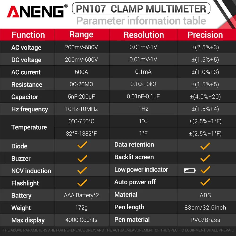 ANENG PN107 Voltmeter Ammeter NCV Diode with Temperature Digital Clamp Meter 600A AC Frequency Professional Tool Current Tester