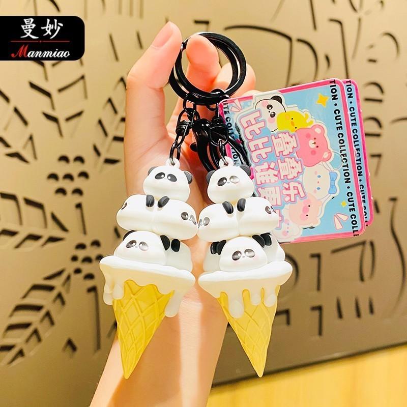 Adorable Cartoon Panda Keychain With Cute Ice Cream Stack Design Pvc Material