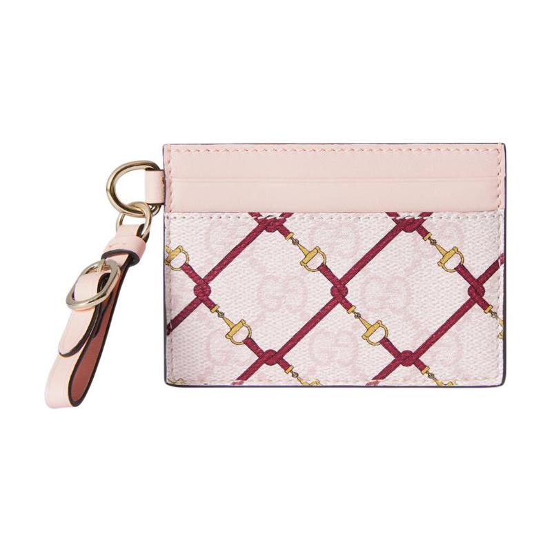 Gucci Chinese New Year Collection Horsebit Printed Leather Trim Coated Fabric Card Holder Women's Pink