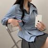 Neu Streifen Schmal Geschnitten Taille Unregelmäßig Hemd Mode Elegant Revers Lässig Büro Bluse Süß Koreanische Mode Langarm Oberteile Damen Einfache Kleidung