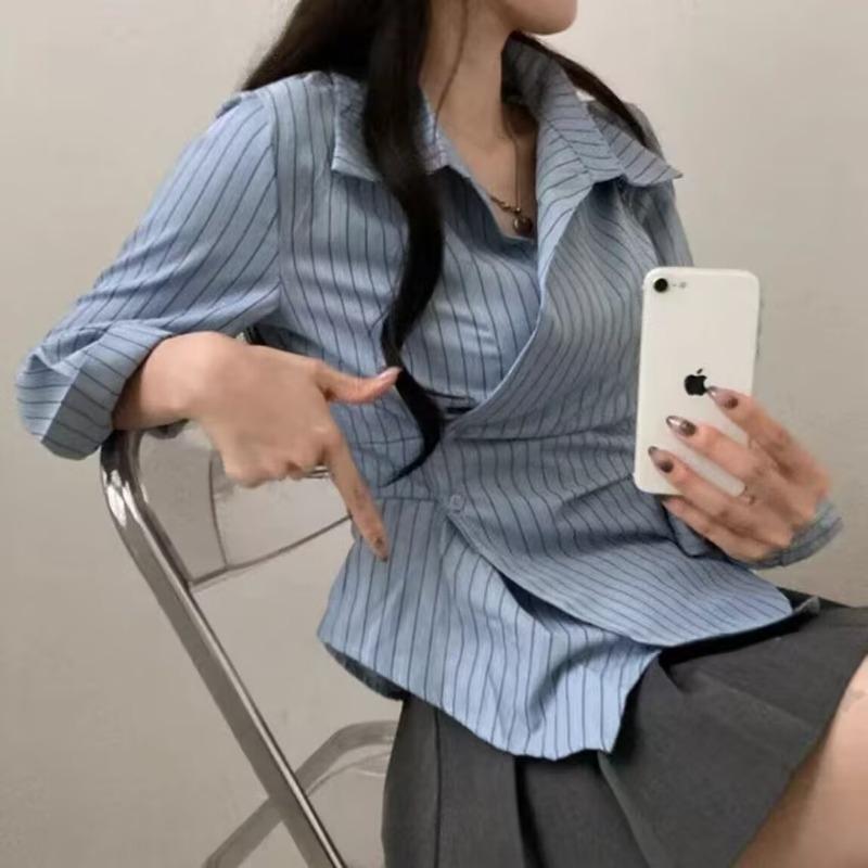Neu Streifen Schmal Geschnitten Taille Unregelmäßig Hemd Mode Elegant Revers Lässig Büro Bluse Süß Koreanische Mode Langarm Oberteile Damen Einfache Kleidung
