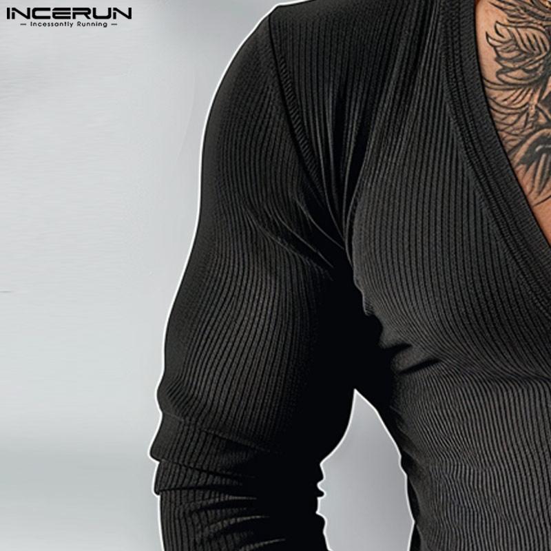 INCERUN Men Deep V Neck Long Sleeve Tops Knitted Fitted Undershirts