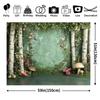 2D Whimsical Forest Birch Mushroom Tapestry Green Nature Scene Wall Art for Baby Shower