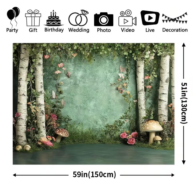 2D Whimsical Forest Birch Mushroom Tapestry Green Nature Scene Wall Art for Baby Shower