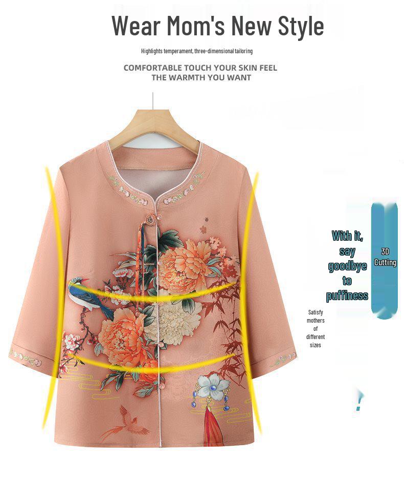 Floral Seven-Sleeve Shirt for Middle-Aged & Elderly Women – Chic Grandma Style, Summer Chinese Top