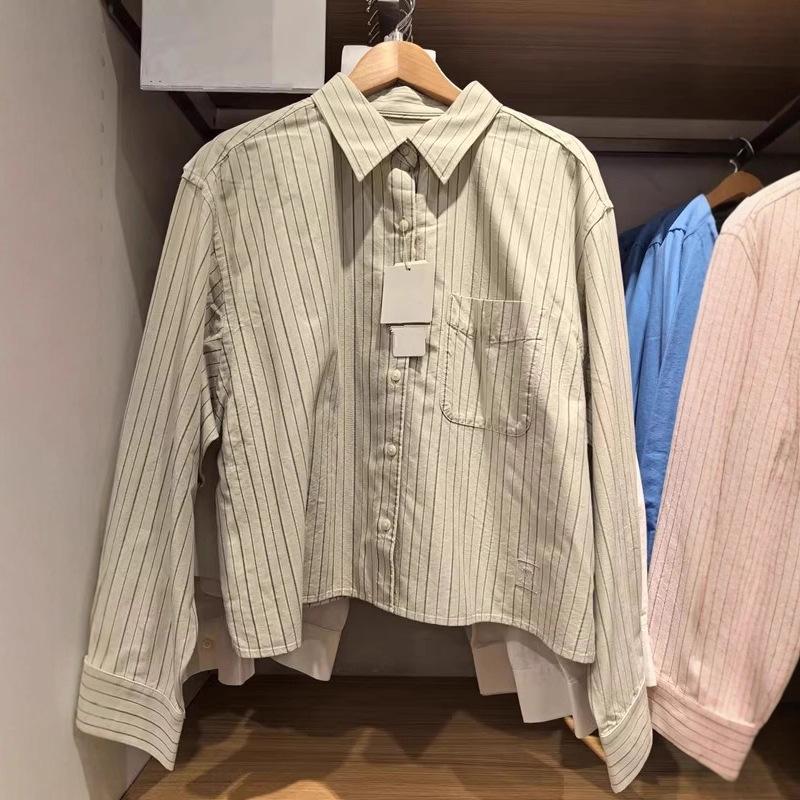 1116 Autumn and Winter New Women's Clothing Oxford Spinning Box Striped Shirt/long-sleeved Air-conditioned Shirt, Short Top 181611