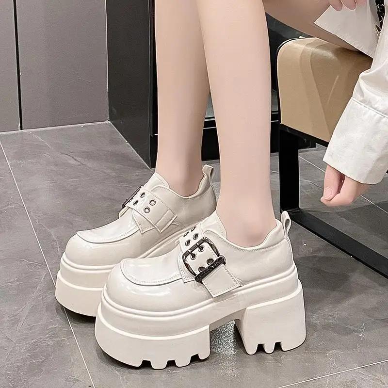 Fashion Women's High Platform Leather Shoes New Spring 10CM Heels Chunky Sneakers Female Lace-up Loafers Walking Shoes Woman