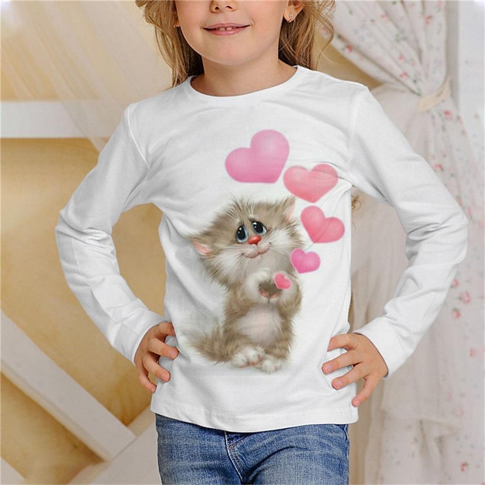 

Cute Cat Pattern Children s 3D Digital Printed Girls Fashionable and Comfortable Round Neck Long Sleeved T-shirt 100 розовый