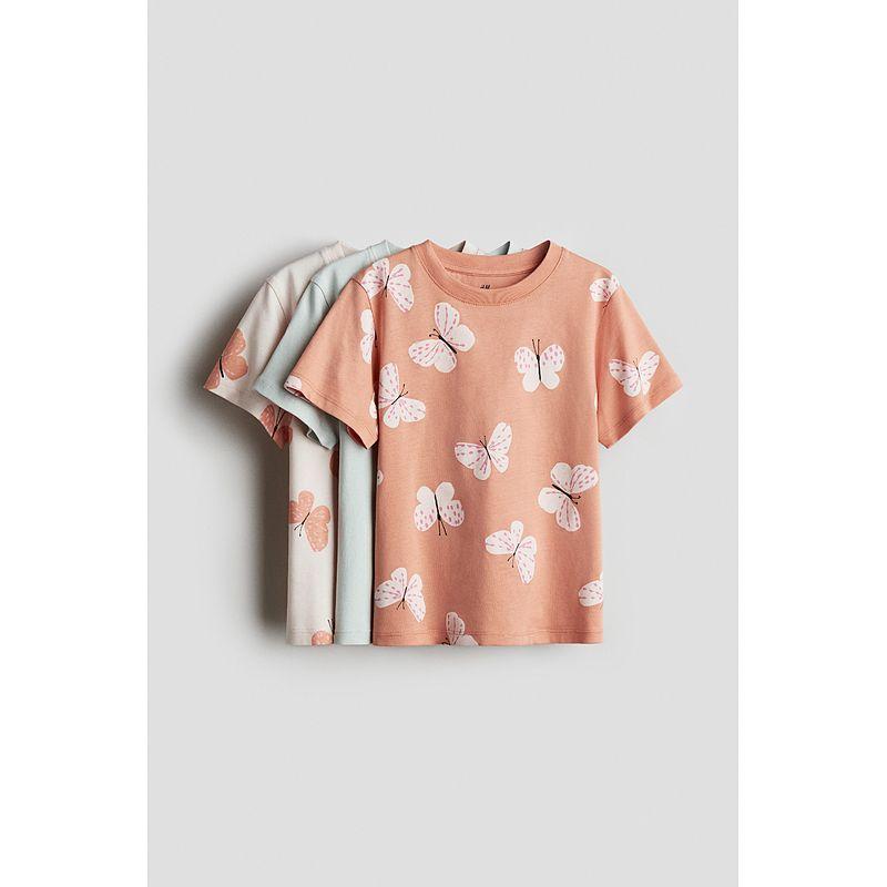 

HM Children s Clothing Girl T-shirt 3 Pieces 2025 Summer New Arrival Print Fashionable round Neck Short Sleeve Tops 1282740 Peach pink/Butterfly 150/76