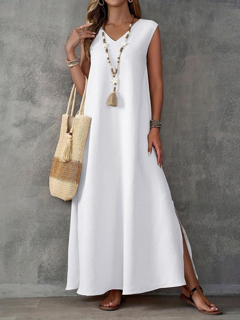 Summer Women's Dress Sleeveless V-Neck Split Skirt Elegant Maxi Dress