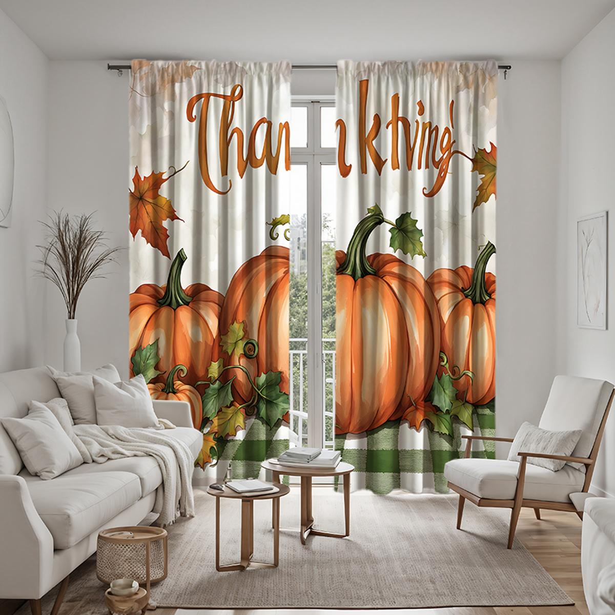 

2 шт. HD Декоративная занавеска в виде оранжевой тыквы на День благодарения Оранжевая цифровая занавеска с принтом Украшение дома, стиль украшения для гостиной W52H63inchW132H160cm