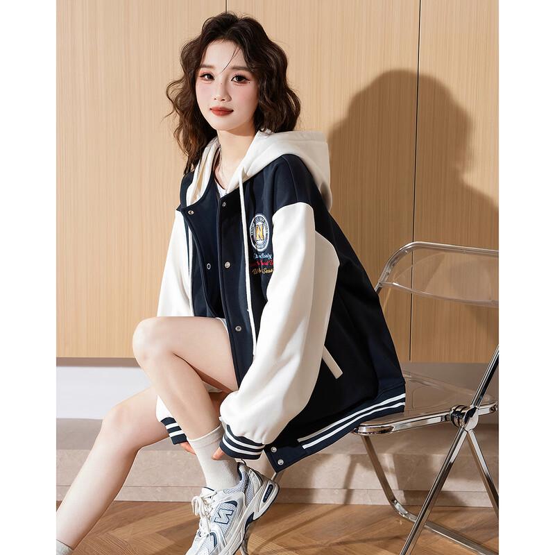 

TonLion Women s Hooded Contrast Patchwork Baseball Jacket M