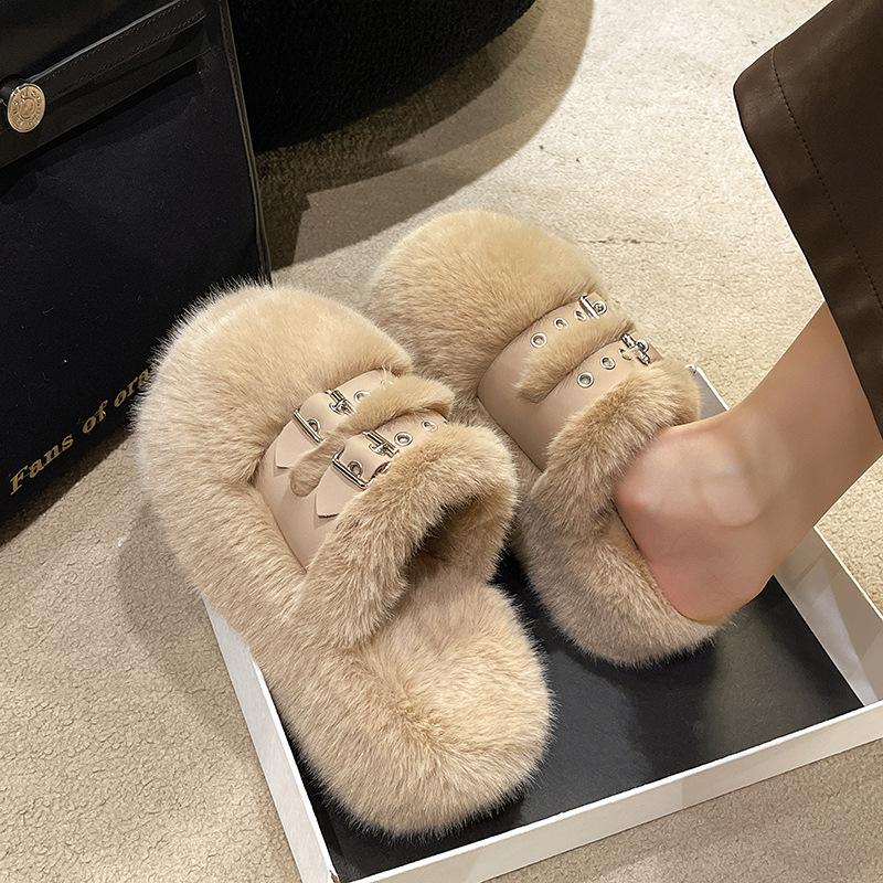 7 cm niche design thick-soled fluffy slippers for women to wear 2025 autumn and winter new bag head plush cotton shoes