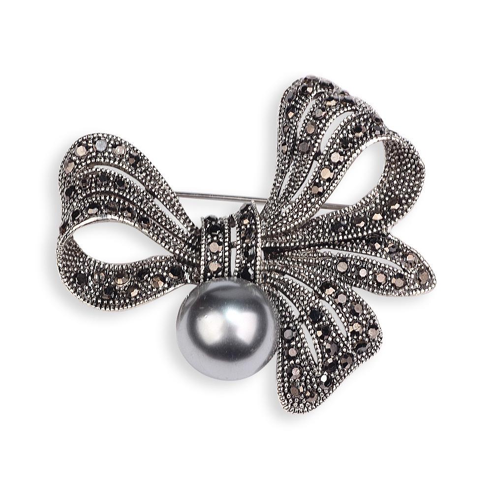 Gunmetal Retro Rhinestone & Pearl Bow Brooch Corsage for Women