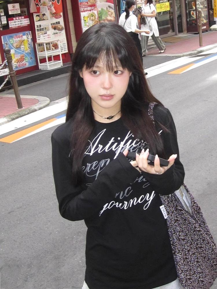

Spring Round Neck Long Sleeved T-shirt With Letter Print, Slim Fit Base Top For Women L чёрный