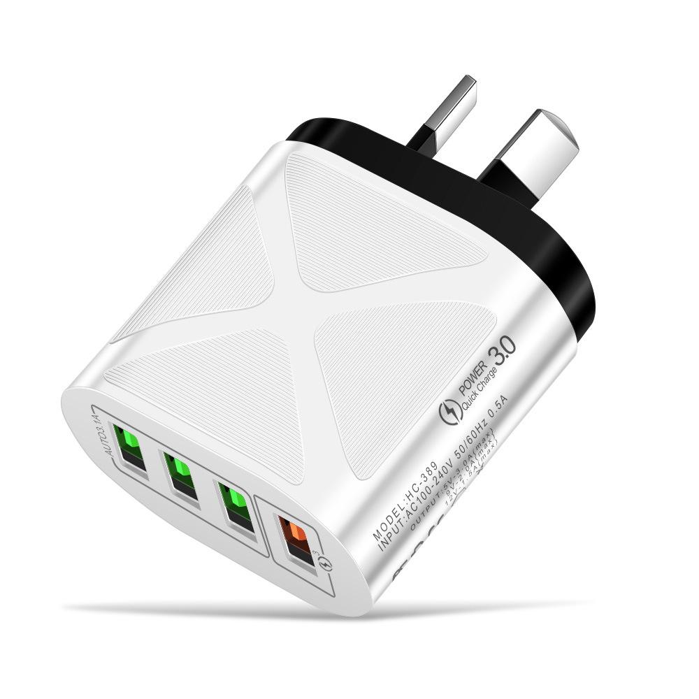 4-Port USB Fast Charger 5V/9V/12V QC3.0, European/American/British/Australian Standards, New Model