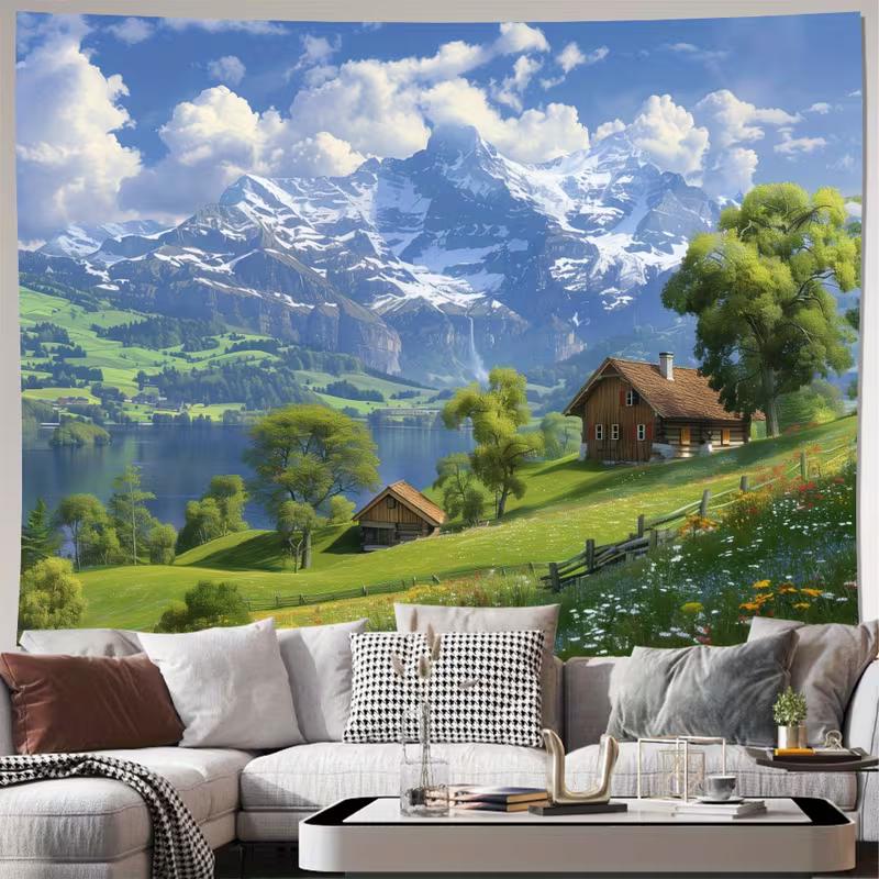 2D Swiss Countryside Tapestry, Snow-Capped Mountain & Lake View Wall Hanging for Home Decor