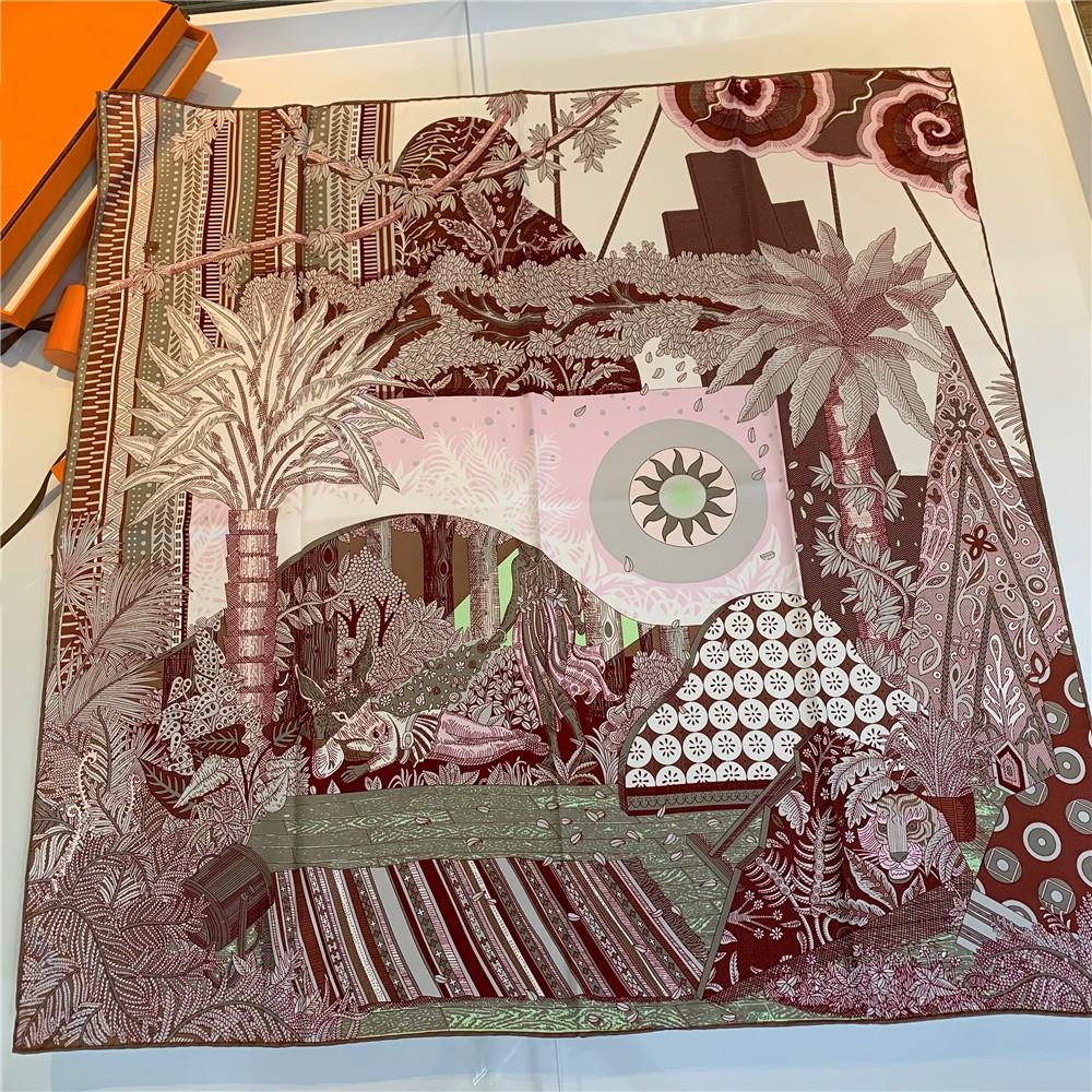 90Cm Women Scarf Summer Night Forest Twill Silk Scarf Handmade Curled Square Scarves Hijab Ladies Foulard Headband Bandana