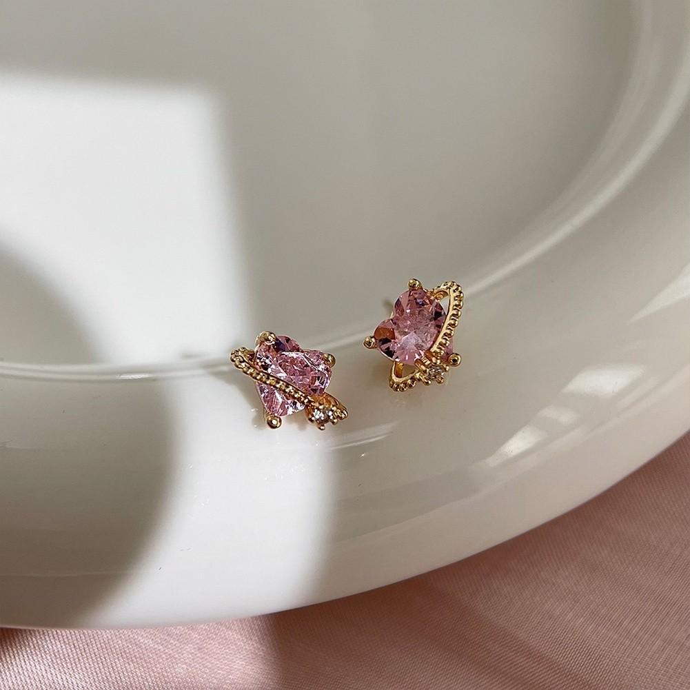 Pink Zircon Heart Bow Earrings for Women with Silver for Everyday Wear