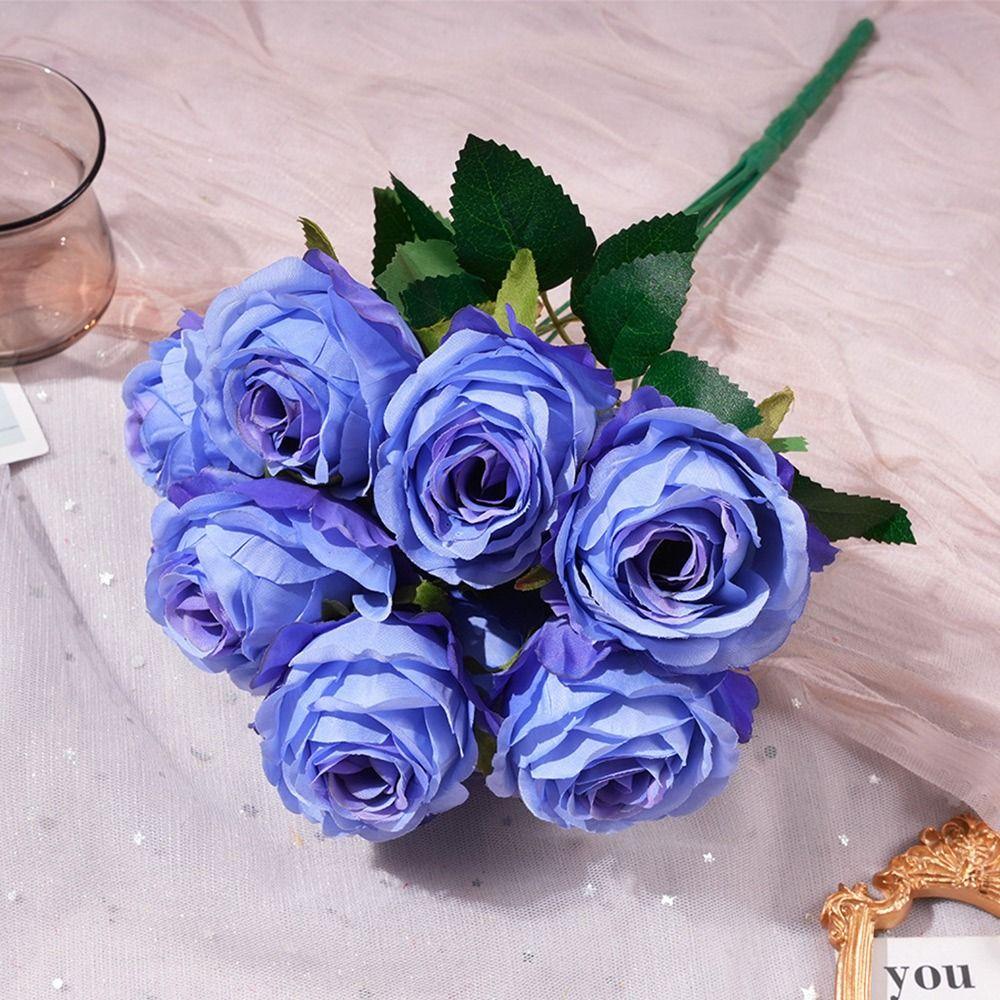 Multicolor Rose Artificial Flower 9 Heads Silk Petal Faux Rose Green Leaves Desktop Ornament Flower Bouquet Home Decoration