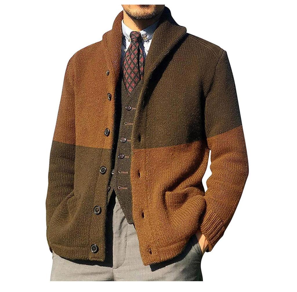 Strickjacken für Männer, lässiger Schal, lange Ärmel, Farbblock, Knopfleiste, Strickpullover