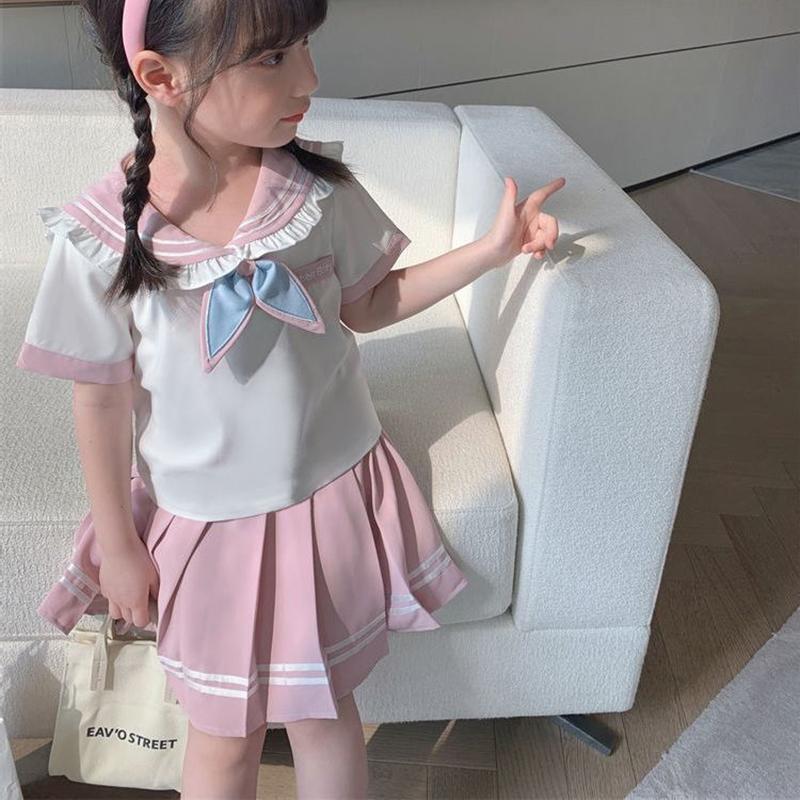 Summer Children Girls Student Set JK Mandarin Collar Tshirts and Pleated Skirts Kid Bottom